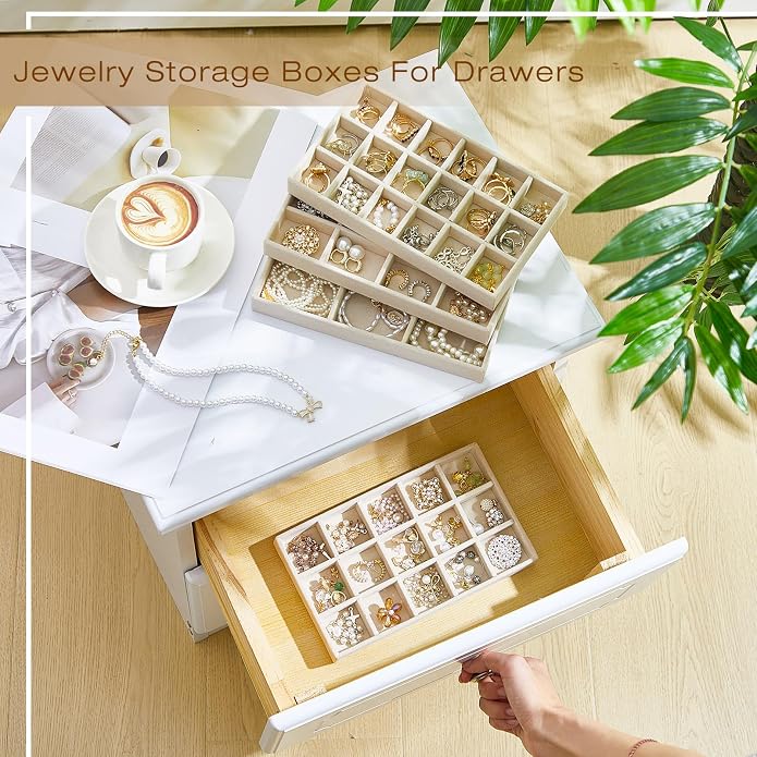Junkin 12 Pcs Jewelry Tray Velvet Stackable Jewelry Organizer Trays Divided Earring Accessories Storage Containers Box (Rose Red) - Image 5