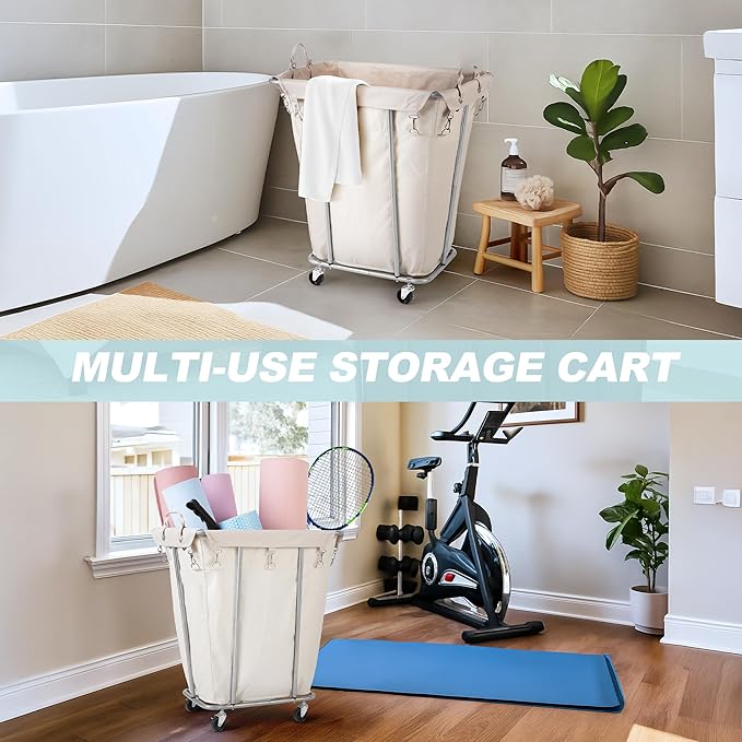PLKOW Laundry Basket with Wheels 120L Heavy-Duty Laundry Cart with Removable Waterproof Bag, Metal Frame Clothes Basket with Lockable Casters for Home, Laundry Room, Hotel, Beige - Image 5