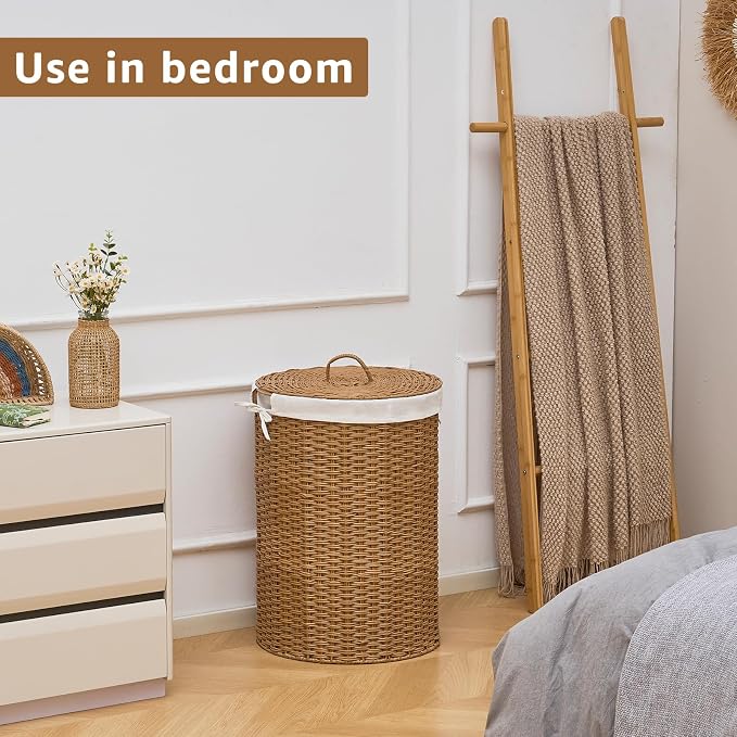 Round Wicker Laundry Hamper with Lid Handwoven Rattan Basket with Handles for Dirty Clothes, 2 Washable Liner Bags, No Assembly Required, Washable Basket, 90L - Image 7