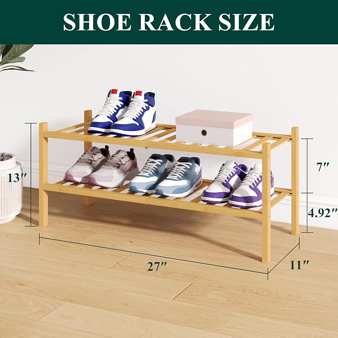 Smiry Bamboo Shoe Rack for Closet, 2 Tier Wooden Stackable Shoe Organizer, Free Standing Shoes Storage Shelf for Entryway, Front Door Entrance, Natural - Image 2