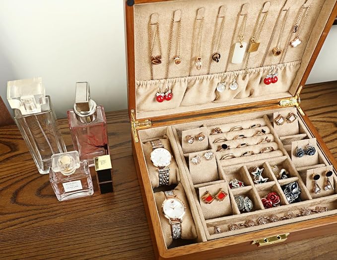 Solid Walnut Wood Jewelry Box with Lock, 2-Layer Vintage Jewelry Organizer for Men Women, Velvet-Lined Storage Chest with Key Lock (Khaki)​ - Image 6