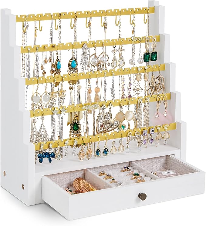 Pinzoveco Earring Organizer, 5 Layer Earring Holder Organizer with Metal Necklace Holder Pole, Rustic Wood Jewelry Organizer Stand Display for Stud Earring Bracelet Necklace Ring, 175 Earring Holes by Pinzoveco