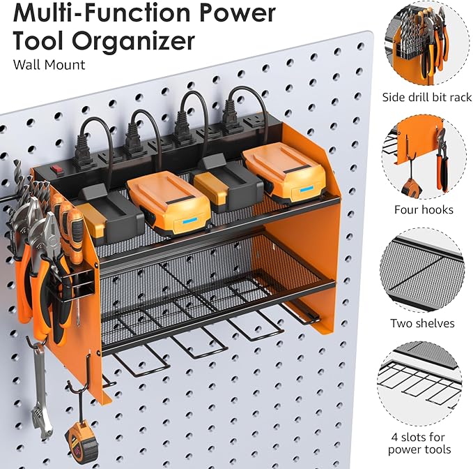 CCCEI Modular Power Tool Organizer Wall Mount with Charging Station. Garage Drill Storage Shelf with Hooks, Heavy Duty Rack, Tool Battery Holder Built in 8 Outlet. Gift for Men. Orange, 1 Pack. - Image 5