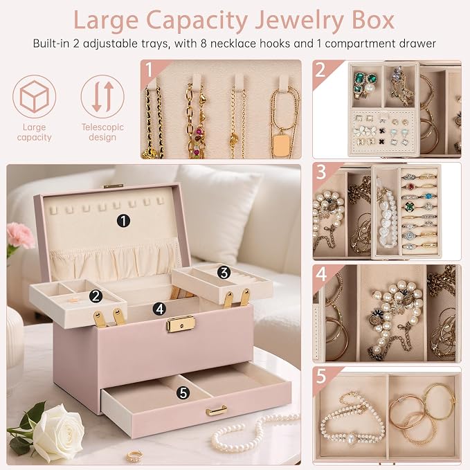 AKOZLIN Travel Jewelry Box Organizer Functional 2-trays Leather Jewelry Storage Case with Lockable Portable Drawer for Women Girls Ring Necklace Earring Bracelet - Image 3