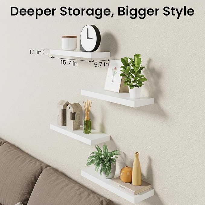 BAYKA Floating Shelves for Wall, 15.7in Wall Mounted Rustic Wood Shelves for Bathroom, Bedroom, Living Room, Kitchen, Hanging Shelf for Books/Storage/Room Decor with 22lbs Capacity (White, Set of 4) - Image 8