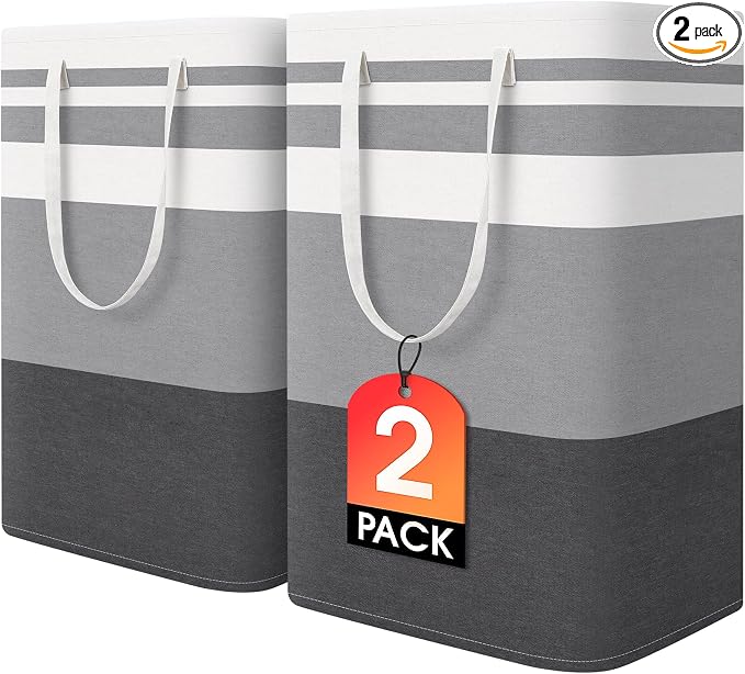 HomeHacks 2 Pack Large Laundry Baskets, Waterproof, Freestanding Laundry Hampers, Collapsible Clothes Hamper with Reinforced Handles in Laundry Room, College Dorm, Bathroom, Bedroom (Grey, 75Lx2) by HomeHacks