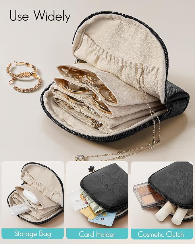 VLANDO Small Jewelry Travel Case,Travel Essentials for Women,Jewelry Pouch Bags with Zipper,Velvet Jewelry Organizer Storage Bag for Bracelet Rings Earring-Black - Image 5