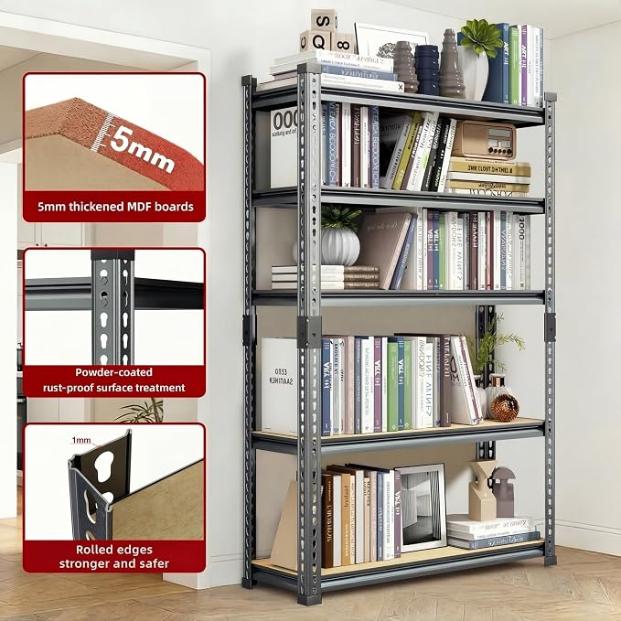 Garage Shelving Heavy Duty, 2450LBS Metal Storage Shelves 5 Tier, Adjustable Shelving Unit 30" W x 12" D x 62" H, Boltless Garage Storage Rack for Grage Basement, Pantry, Warehouse 1Pcs - Image 4