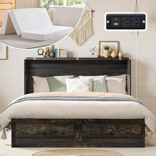 LUXOAK Full Murphy Bed with 6" White Tri-Fold Memory Foam Mattress, Storage Drawer & Charging Station, Space-Saving Design for Home Office or Guest Room, Black Oak