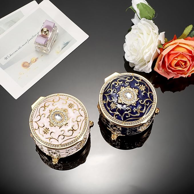Hipiwe Vintage Jewelry Box Round Metal Treasure Chest Box Enameled Jewelry Trinket Box for Ring Earrings Necklace,Sparkling Keepsake Box Gift for Birthday Christmas,Blue - Image 7
