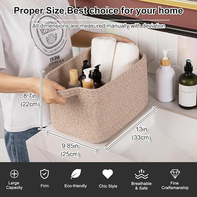 OIAHOMY Woven Storage Basket for Shelves, Rectangle Cotton Rope Baskets for Organizing, 13 x 10 x 9 in, Storage Bins for Dog Toys,Towel,Books,Gift,Brown - Image 3