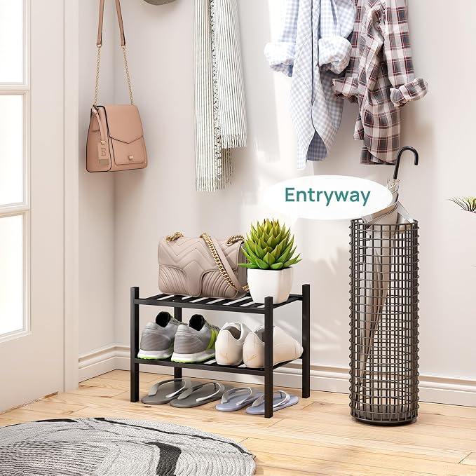 viewcare Black Small Shoe Rack for Entryway,2-Tier Bamboo Shoe Organizer for Hallway Closet, Free Standing Shoe Racks for Indoor Outdoor - Image 2