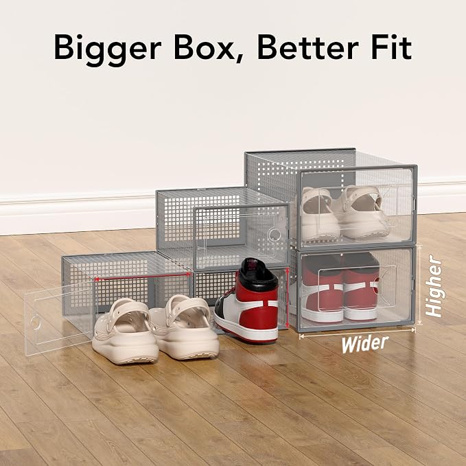Foluck X-Large Shoe Storage Box, 15 Pack Clear Plastic Stackable Shoe Organizer for Closet, Interlocking Design Shoe Container Bins for Sneakers, Foldable Shoe Rack with Lids, Gray - Image 3