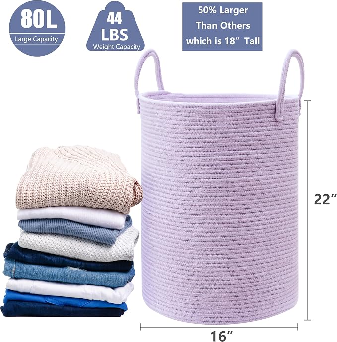 80L Extra Large Purple Hamper Laundry Basket for Nursery Kids 16Dx22H inches Tall Lavender Blanket Basket for Girls Cotton Rope Lilac Clothes Hamper in Bedroom - Image 3