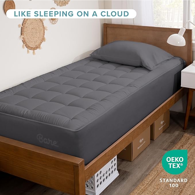 Bare Home Twin Mattress Topper Cotton Top - Plush Topper for Mattress - Fitted Mattress Cover - Cooling Breathable Air Flow - 8" to 21" Deep Pocket - Soft Mattress Pad (Twin, Grey)