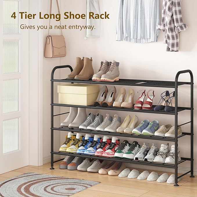 LINZINAR Shoe Rack Long 4 Tier Shoe Storage Organizer Metal Wide Shoe Shelf for Closet Entryway Bedroom 24 Paris Large Capacity, Gold Black - Image 4