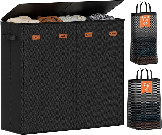 Laundry Hamper 4-Section with Lid, 185L Laundry Sorter with 4 Removable Bags + 1 Extra Large Bag, Switchable 3/4 Compartment, Laundry Basket Organizer for Bedroom, Laundry Room，Black by Vexalora