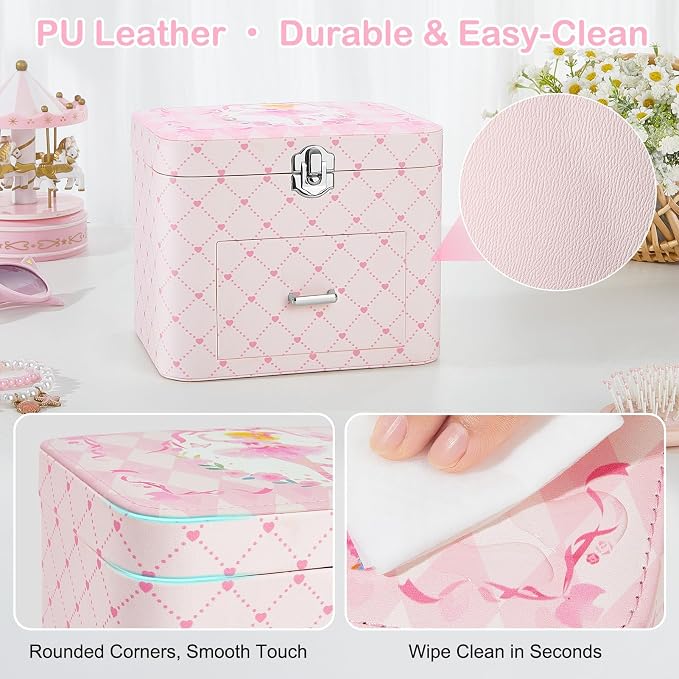 Basumee Musical Jewelry Box for Girls PU Leather Music Box with Drawer Large Kids Jewelry Organizer with Unicorn/Ballerina Jewelry Storage for Little Girls Ages 3–10, Birthday & Holiday Present - Image 5