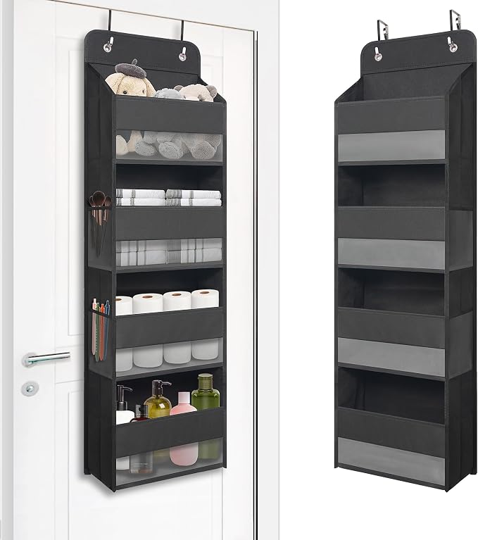 TYMENSH Over The Door Hanging Organizer with 4 Large Pockets – Closet, Bathroom, Nursery, Bedroom, Dorm Storage for Toys, Cosmetics, and Baby Essentials, Black by TYMENSH