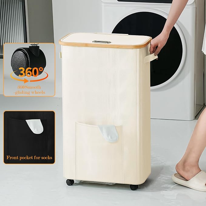 Laundry Basket with Wheels, Dirty Clothes Hamper on Wheels, Rolling Tall Laundry Hamper with lid for Laundry Room, Dorm and Bathroom, 75L Beige - Image 4