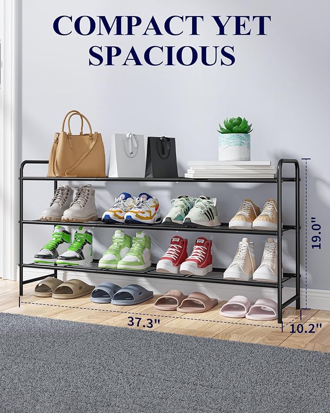 Kitsure Shoe Rack - Stainless Steel Shoe Organizer, Sturdy Shoe Rack for Closet and Front Door Entrance, Free Standing Shoe Shelf, Closet Organizers and Storage, 37.3" Wide - 3 Tier, Black - Image 2