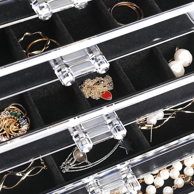 Frebeauty Acrylic Jewelry Organizer Earring Organizer Box with 5 Drawers Earring Holder Organizer with Velvet Trays Clear Jewelry Box for Women Earring Display for Rings Studs(Black) - Image 4