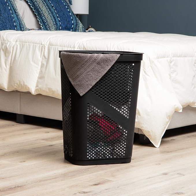 Mind Reader Slim Laundry Hamper with Lid, 60L Clothes Basket, Ventilated Plastic, Black - Image 2