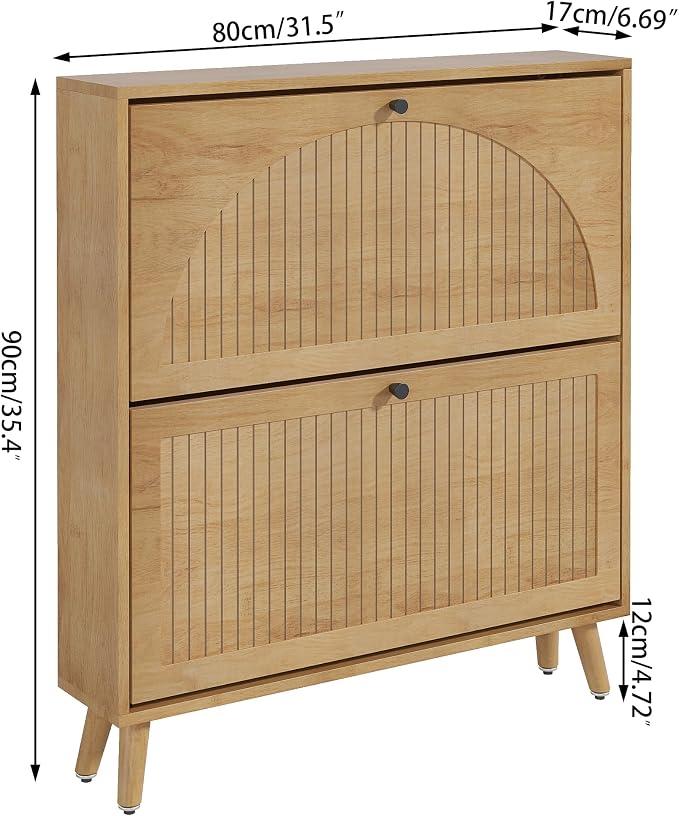 Fsbecl Shoe Storage Cabinet for Entryway with 2 Flip Drawers, Narrow Wood Shoe Cabinet with Fluted Panel, Freestanding Hidden Shoe Organizer for Foyer, Hallway (Wood Color - No Shelf) - Image 2
