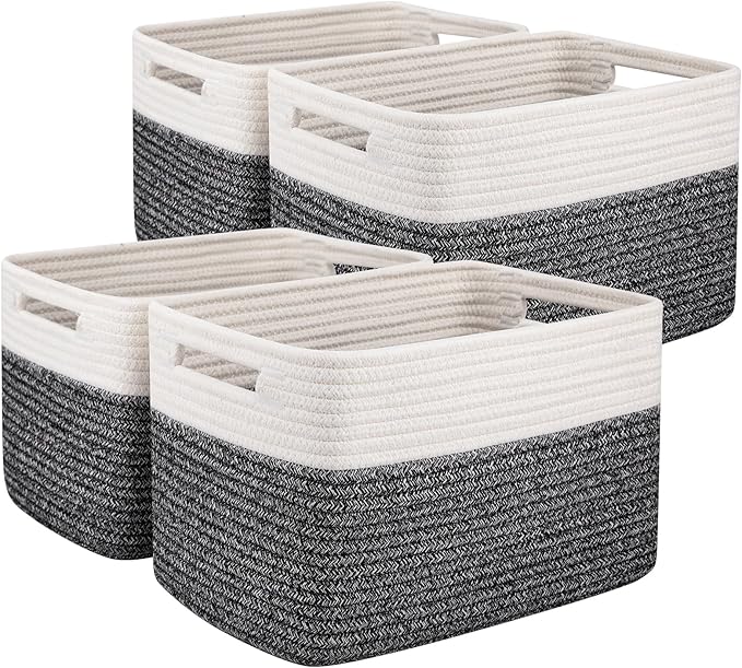 OIAHOMY 4 Pack Storage Baskets for Organizing, Basket for Shelves with Handle, Woven Baskets for Storage Toys, Towels, Books, Cotton Rope Basket 13" L x 9 " W x 7.8 " H, Black & White by MasterofSpaceOptimization