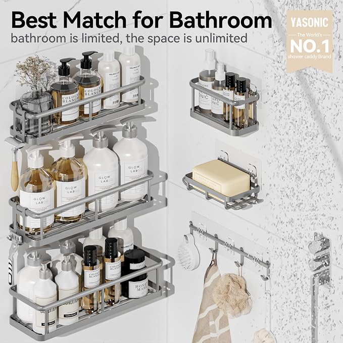 YASONIC Shower Caddy, 6 Pack Large Capacity shower Organizer with Soap Holder and 12 Hooks, Rustproof Shower Shelves for Inside Shower, No Drilling&Sleek Bathroom Organizers and Storage Grey - Image 2