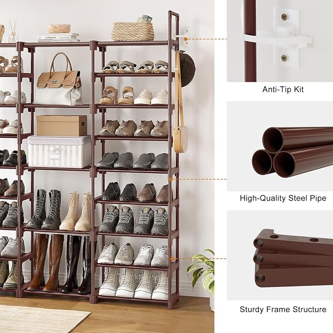 WOWLIVE 9 Tiers Shoe Rack Shoe Storage Shoe Organizer 30-35 Pairs Shoe Tower Unit Shelf Durable Metal Pipes with Plastic Connectors Stackable Cabinet Brown - Image 8