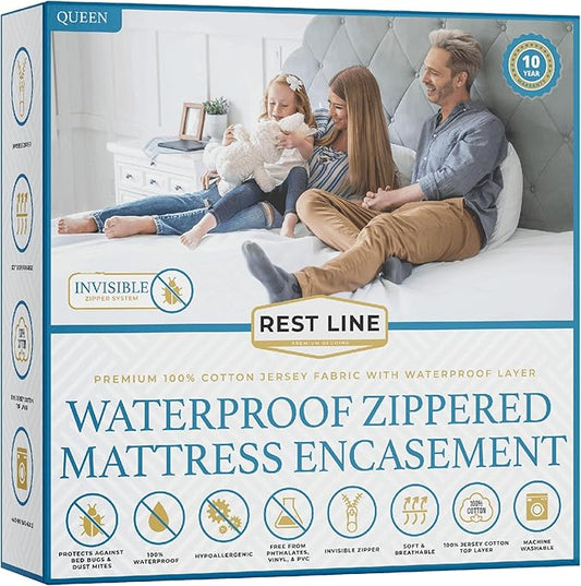 Queen Size 60x80” Premium Waterproof Zippered Mattress Encasement, 100% Cotton, Hypoallergenic, Six Sided Mattress Cover, Invisible Zippered, Soft Breathable up to 15" Deep - Rest Line