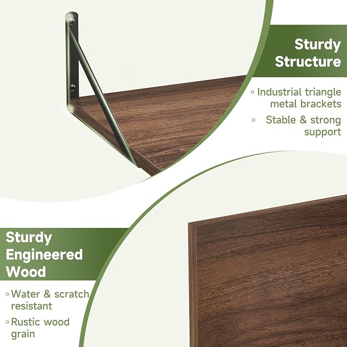 Heimlove 12 Inch Deep Floating Shelves for Wall, 16W x 12D Wide Floating Shelves Heavy Duty Wall Mounted Shelves, Wood Wall Shelves for Living Room Bedroom Bathroom Kitchen- Set of 4 - Image 5