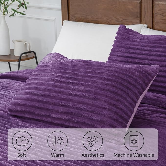 BEDELITE Fleece Full Comforter Set -Super Soft & Warm Fluffy Purple Bedding, Luxury Fuzzy Heavy Bed Set for Winter with 2 Pillow Cases