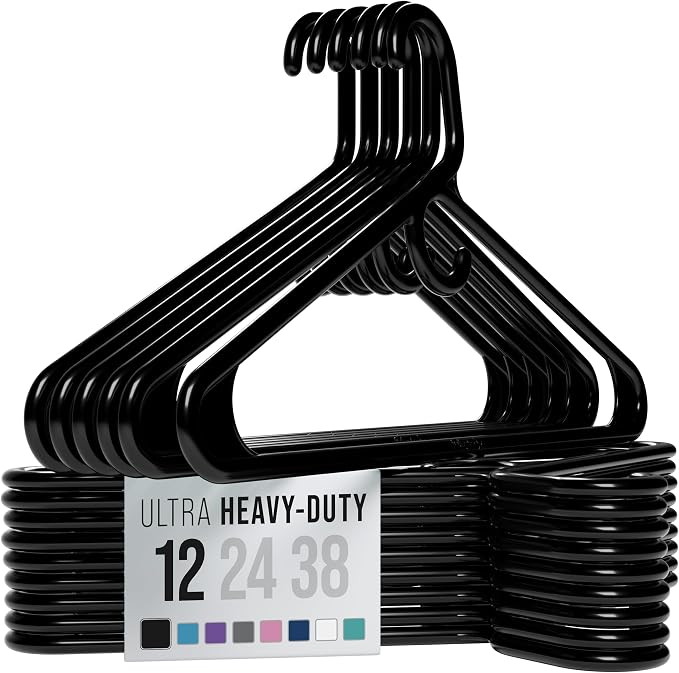 NEATERIZE Thick Heavy Duty Hangers - Black Plastic Clothes Hangers 12 Pack - Great for Coat Hanger, Jackets Jeans & Suit Hanger for Closet - New Apartment Essentials Percheros Ganchos para Colgar Ropa by Neaterize