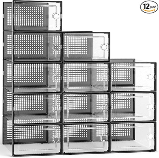 Kuject Large Shoe Organizers Storage Boxes for Closet, 12 Pack Clear Plastic Stackable Storage Bins with Lids, Under Bed Shoe Containers for Entryway, Drop Front, Fit up to Women's Size 10,Black by Kuject