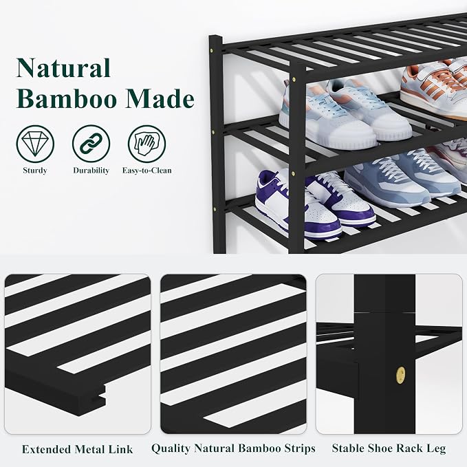 Smiry Shoe Rack, 5 Tier Thick Bamboo Shoe Organizer, Stackable Free Standing Wooden Shoe Storage Shelf for Closet, Entryway, Front Door Entrance, Black - Image 3