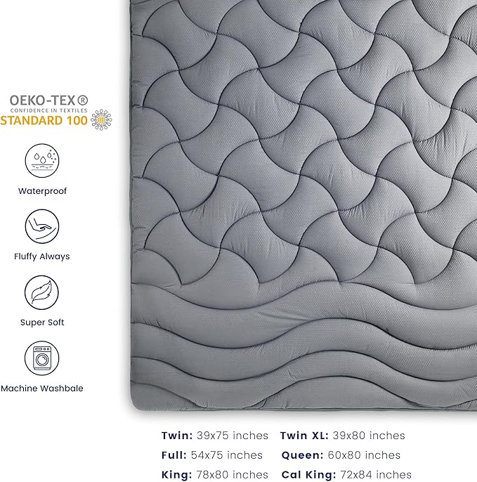 SLEEP ZONE Waterproof Mattress Pad King, Breathable Mattress Topper Quilted Fitted Cover Protector with Deep Pockets fits 8-21 inch, Gray