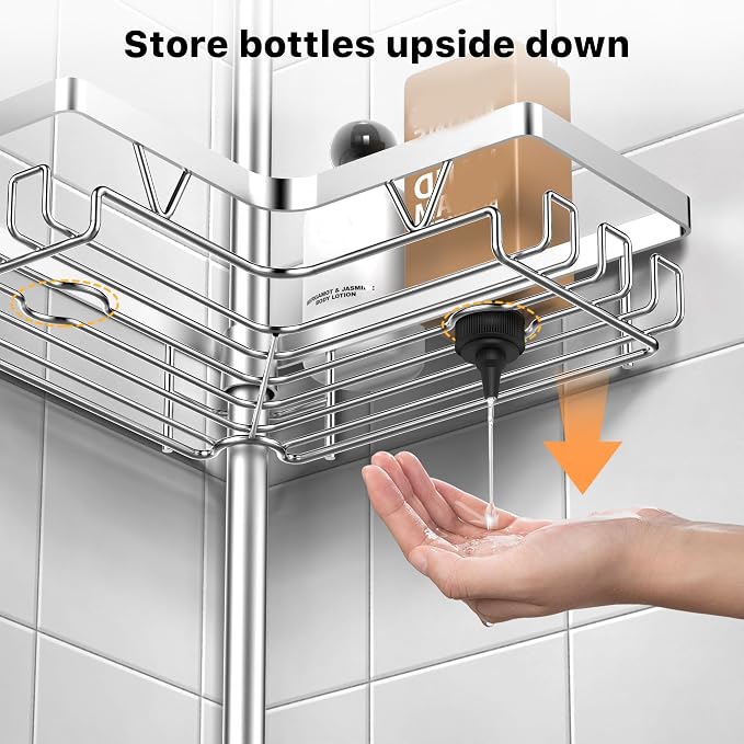 KEGII SUS304 Corner Shower Organizer, Stainless Steel Tension Pole Corner Bathroom Caddy, No Drilling Required Adjustable Shower Shelf for Inside Showers, Silver - Image 5