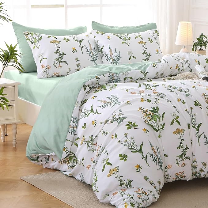 MUXHOMO Bed in a Bag King 7 Pieces, King Comforter Set Reversible Green Botanical Flowers Design, Ultra Soft & Breathable Bedding Sets with Comforter, Sheets, Pillowcases & Shams