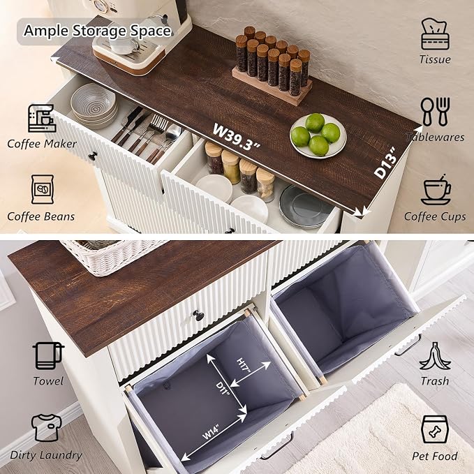 IFBUY Modern Double Tilt-Out Laundry Hamper Cabinet, 20 Gallon Fluted Trash Can Cabinet w/2 Drawers, Wooden Hidden Garbage Can Cabinets with Laundry Basket, for Bathroom and Kitchen, Antique White - Image 3