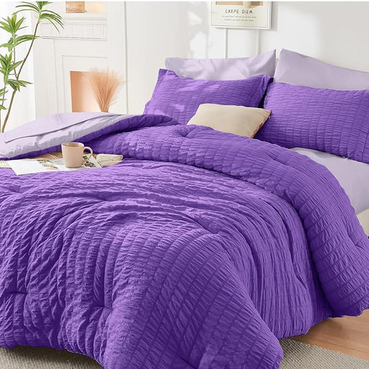 HYMOKEGE Dark Purple/Lavender King Size Comforter Set Seersucker 7 Pieces, All Season Luxury Bed in a Bag for Bedroom, Bedding Set with Comforter, Sheets, Pillowcases & Shams