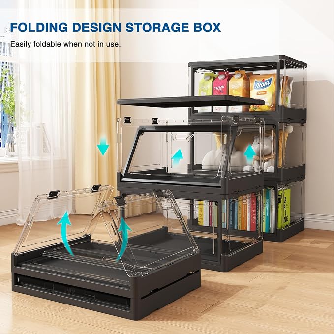HYBRIDEAS 3-Pack Clear Stackable Storage Bins with Lids Magnetic Doors Open Front Foldable Folding Plastic Craft Containers Large Closet Organizers Box for Bedrooms Living Rooms Study 24 QT - Image 4