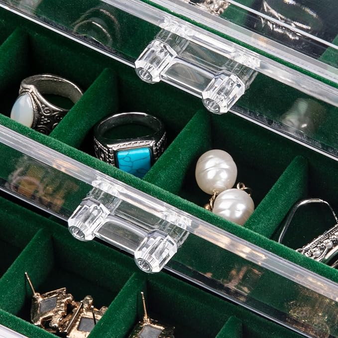 Frebeauty Acrylic Jewelry Organizer Earring Organizer Box with 5 Drawers Earring Holder Organizer with Velvet Trays Clear Jewelry Box for Women Earring Display for Rings Studs(Blackish Green) - Image 4