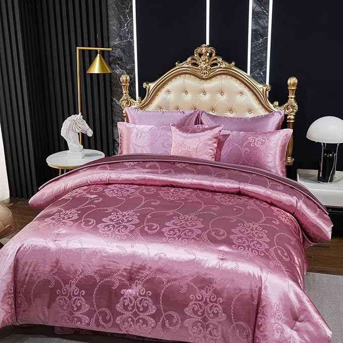 Elegant Jacquard King Comforter Set Satin Sheet Set Pink Bedding Set 8 Pcs Vintage Neoclassical Floral Bed Home Decor Soft Down Comforter Luxury Hotel Silky Bed in a Bag with 1 Cushion Cover