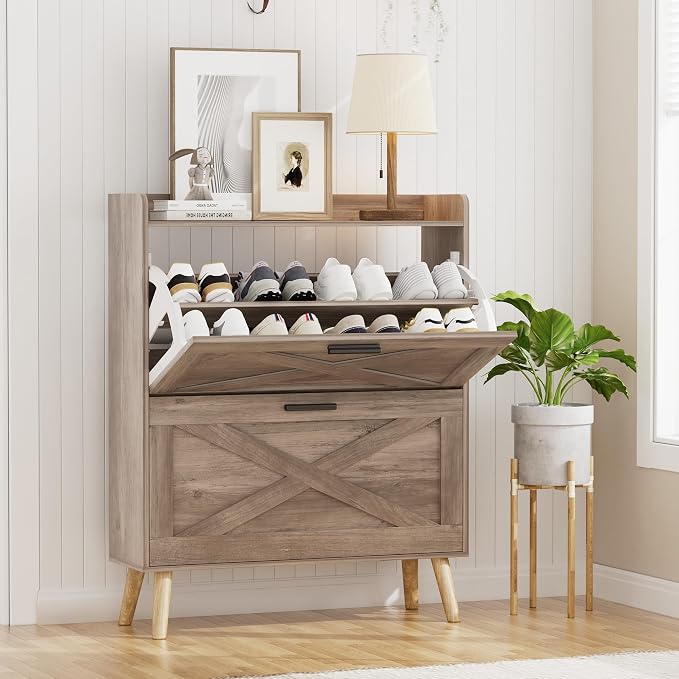 Homleke 32" W Farmhouse Shoe Storage Cabinet with 2 Flip Drawers and Barn Door Design, Adjustable Shelves, Modern Hidden Slim Narrow Shoe Rack Cabinet for Entryway, Foyer, Hallway, Living Room, Greige - Image 3