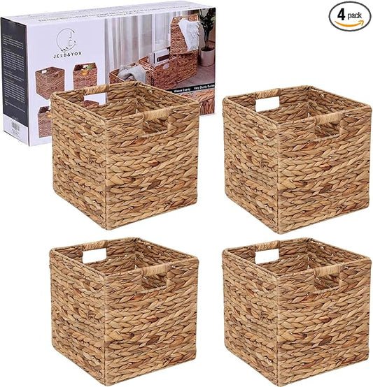 12x12in Storage Baskets Set of 4 Water Hyacinth Baskets,Foldable Handwoven Storage Cubes,Wicker Cube Baskets Laundry Organizer Totes for Home by JCLDYO9