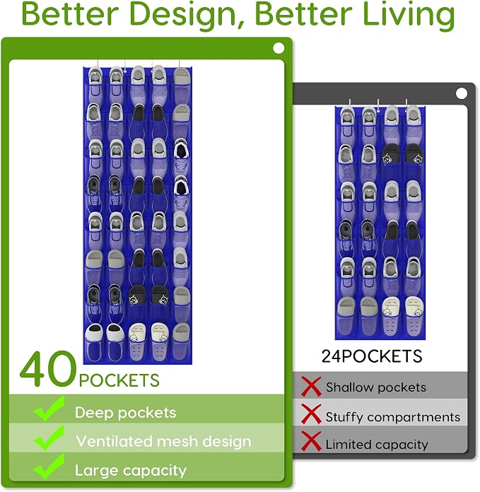Unjumbly Over the Door Shoe Organizer with 40 Large Breathable Mesh Pockets, Space Saving Shoe Holder, Hanging Shoe Rack for Entryway Bedroom Closet Storage (Navy Blue, 40 Pockets) - Image 5