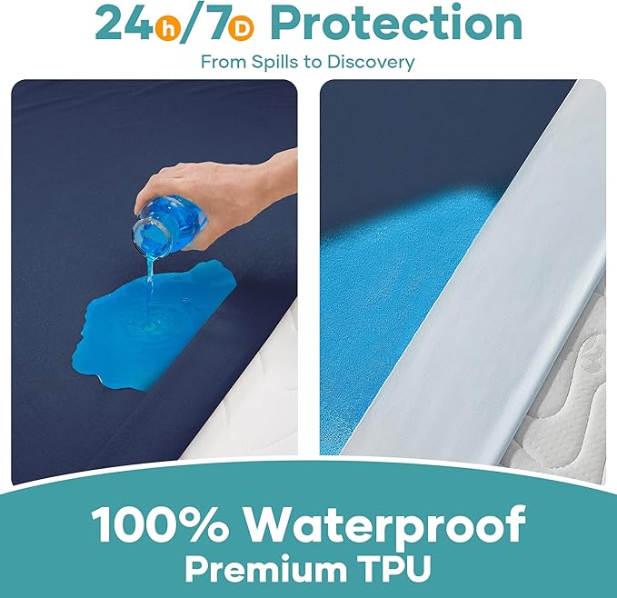 OhGeni 100% Waterproof Mattress Protector, Twin Navy Blue Size, 6''-14'',Fitted Sheet with Deep Pockets, Premium Noiseless Breathable Soft Hypoallergenic Material, Mattresses Cover for Bed