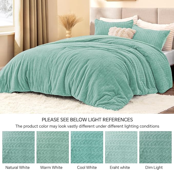 Flannel Fleece Queen Comforter Set - Furry Eggshell Blue Leaves Pattern Faux Fur Bed Set, Winter Ultra Soft Fuzzy Comfort Set, Velvet Bedding Set for Bed with 2 Pillow Cases